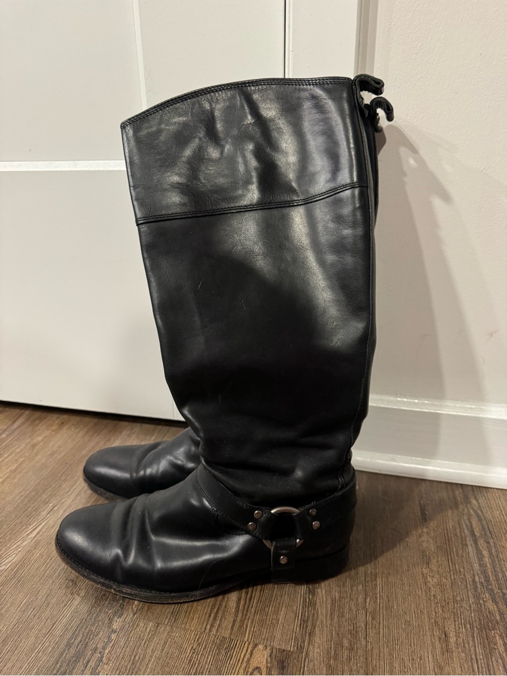 FRYE AND CO. Black Leather Over-the-Knee Harness Boots